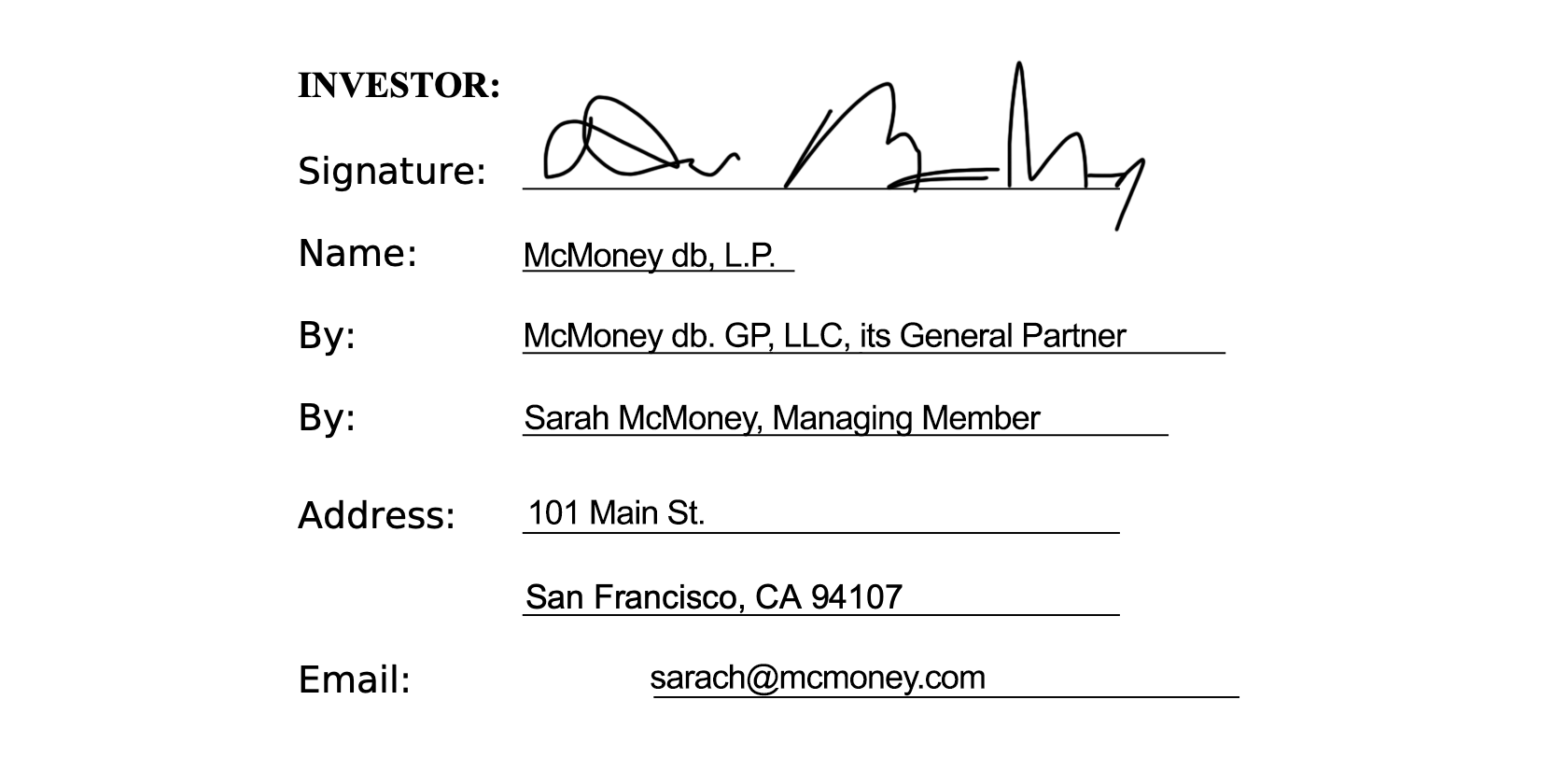 Example of an investor signature block in a term sheet